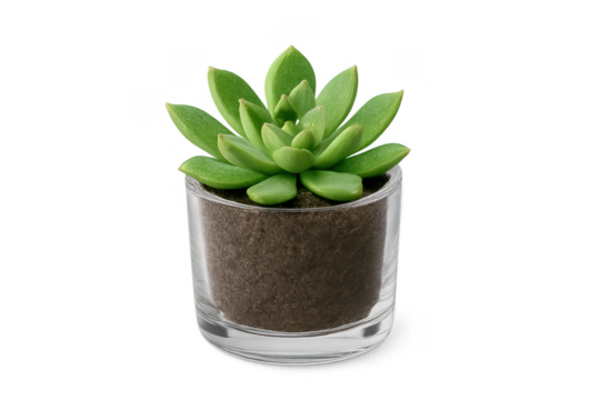Succulent plant growing in glass pot, transparent background