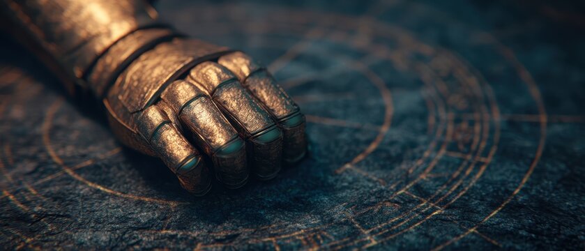 Comic Fantasy Dynamic pose concept. Armored hand resting on an intricate surface design.