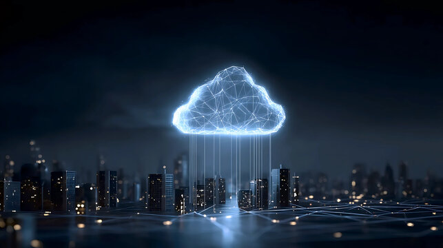 Neon Cloud Icon Representing Cloud Computing Over Modern Cityscape, Data Storage and Networking Technology Concept, Smart City Cloud Integration
