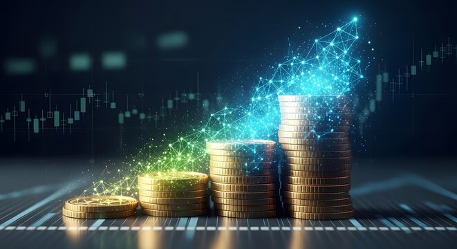 Digital financial growth concept with stacked coins increasing in height and a futuristic upward arrow made of glowing lines and dots against a dark background - Powered by Adobe