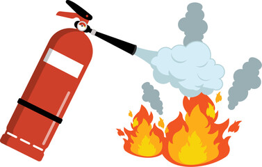 Vector illustration of Fire extinguisher use on fire. Icon of Powder Fire Extinguisher and Flame. Tips how to use fire extinguisher for Safety and Emergency. Fire Extinguishing. 