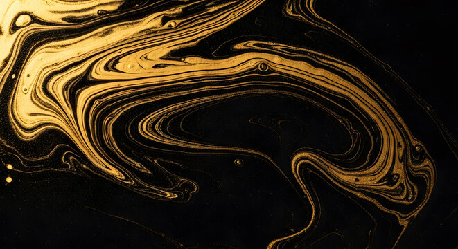 Close-up abstract texture of swirling black liquid and molten gold paint, creating a dramatic, luxurious marble-like pattern, ideal for high-end design, finance, or wealth concepts
