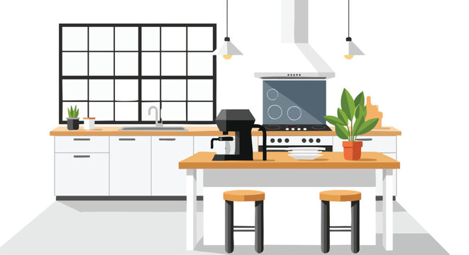 Stylized modern kitchen interior with island coffee maker and potted plant, capturing a sense of urban simplicity and inviting culinary space