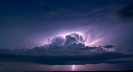 Wide, dramatic shot of a massive cumulonimbus cloud illuminated by intense purple lightning flashes during a severe nighttime thunderstorm, with the strike hitting the distant horizon