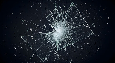 Dramatic image of a glass panel violently shattering outward from a central impact point, creating sharp shards flying against a deep black background, symbolizing destruction, crisis, or breakthrough