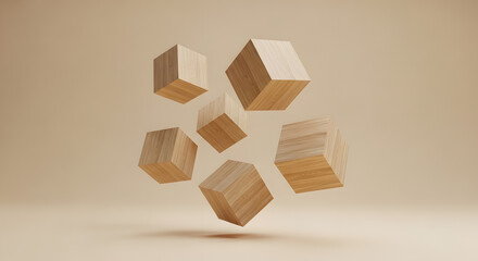 Abstract 3D render of several light wood grain cubes floating dynamically against a minimal beige background, ideal for construction, design, or abstract geometric concepts with natural elements