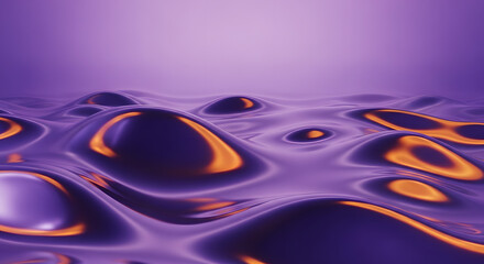 3D render of an abstract liquid surface with smooth, undulating waves in a glossy purple chromatic texture, reflecting orange/gold light, suggesting liquid metal and dynamic motion