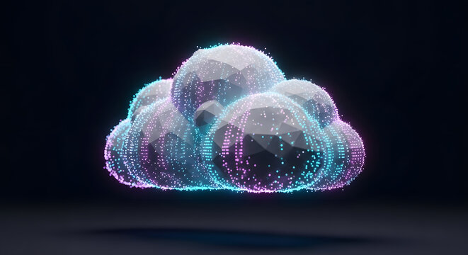 Futuristic 3D low poly cloud shape created from connected polygons and glowing pink/blue particles, symbolizing cloud computing, digital network, big data, and IT services
