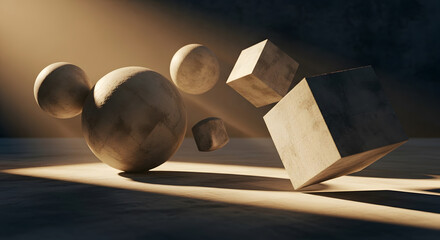 Dramatic 3D render of floating concrete spheres and cubes hit by strong side sunlight in a dark room, creating deep shadows and emphasizing abstract geometry and texture