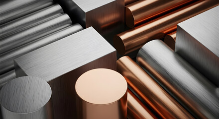 Close-up of various industrial metal stocks, including shiny copper tubes and brushed aluminum rods and blocks, symbolizing manufacturing, engineering, and raw material trading
