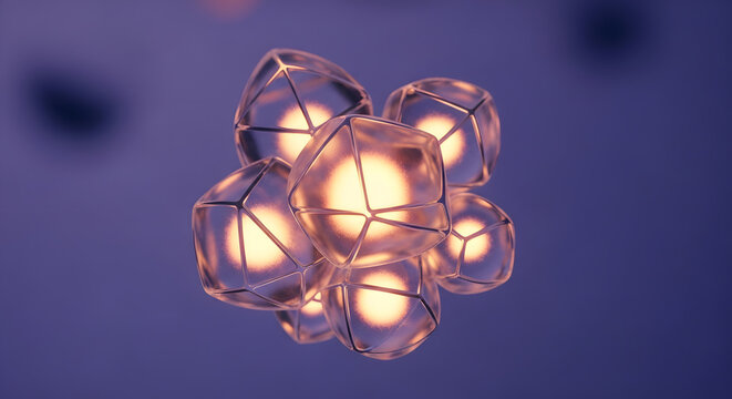 Advanced 3D render of a cluster of faceted, crystalline molecules or cells, glowing with warm internal light on a purple-blue background, symbolizing science, technology, and abstract life forms