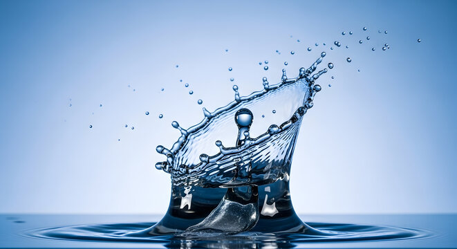 Extreme macro close-up, high-speed photograph of a water drop colliding with the surface, creating a perfect crown splash shape, symbolizing freshness, purity, and dynamic liquid motion - Powered by Adobe