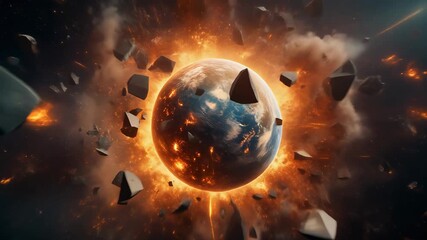 A dramatic and catastrophic depiction of a planet exploding in space, surrounded by fiery energy and flying debris, illustrating a cosmic event or planetary destruction. - Powered by Adobe