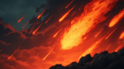 Comic Fantasy Dynamic pose concept. Fiery meteors streaking through a dramatic, stormy sky.