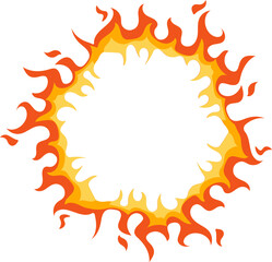 Round Fire frame vector. fireball, explosion, or sun corona. Fire flames on ring, round frame with burning tongues and sparks. Vector realistic circular border with glow effect.  