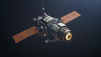 A detailed rendering of a futuristic satellite with extended solar panels and a glowing engine in deep space. - Powered by Adobe