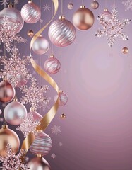 Pastel pink Christmas poster featuring elegant rose-gold ornaments in modern feminine holiday style
