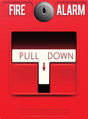 Manual pull down fire alarm. Fire alarm pull station. Red manual call point for fire alarm vector. Red manual call point isolated on white background. Red Fire Alarm Pull Station.. 