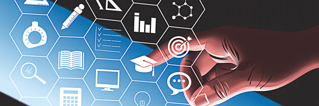 Hand interacts with digital interface displaying education science and business icons in a modern technological design for learning research and development concepts and applications - Powered by Adobe