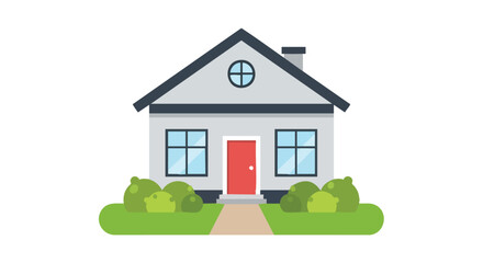 Simplified Illustration of a Cozy House with Red Door and Neat Green Bushes Surrounding its Base