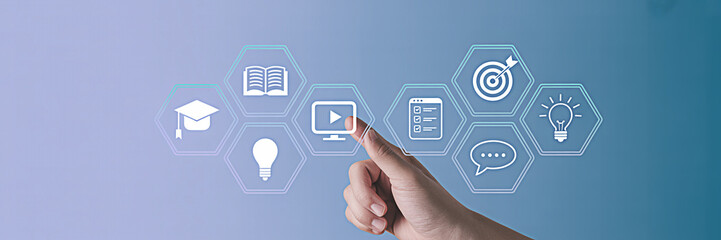 Hand interacts with elearning icons representing education online courses and digital learning platforms for skill development and knowledge acquisition in a modern interactive environment