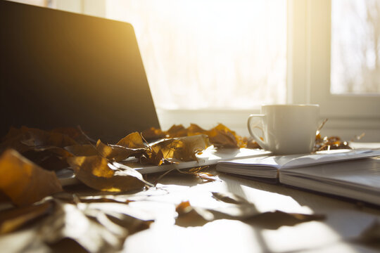 A charming office scene capturing the essence of autumn, with fallen brown leaves scattered near a sleek laptop, inspiring a blend of creativity and seasonal beauty.