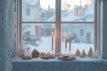 cozy indoor view through snowcovered window warm glow of candles reflected on glass