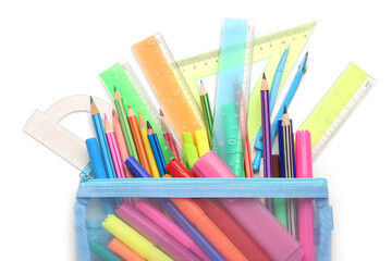 Fototapeta premium Colorful stationery supplies on white background