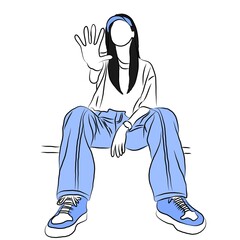 Street Style Illustration, Casual Outfit with Blue Accents
​