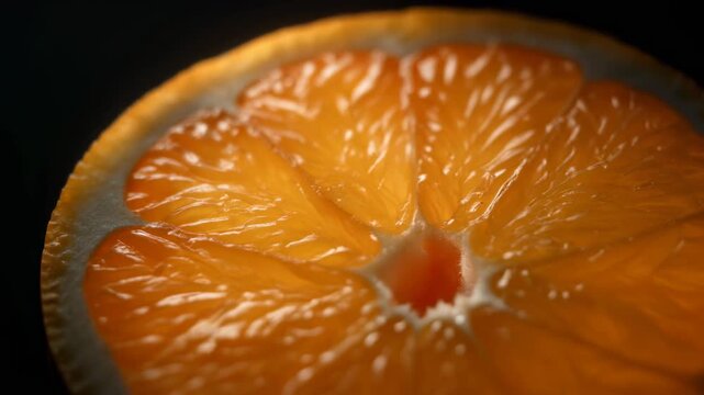 Close-up macro shot of a vibrant, juicy orange slice revealing its intricate segments and texture against a dark background.
