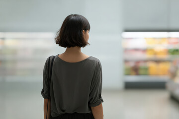 person walks through supermarket engaging with augmented reality information on products