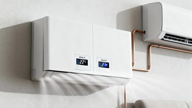 Medium shot of a split air conditioner showcasing an upgraded dualzone system highlighting separate temperature controls for personalized comfort in modern interiors.