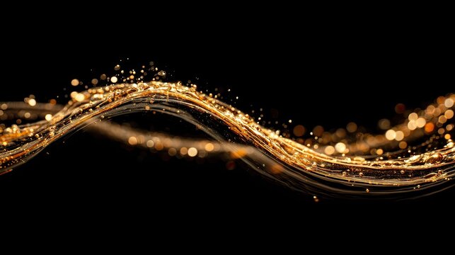 Golden Wave with Glowing Particles Against Black Background