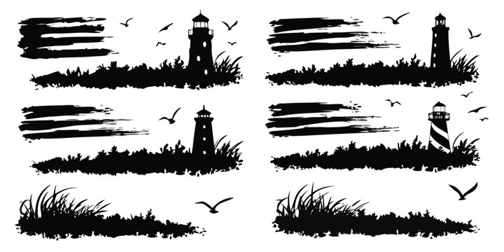 Coastal Lighthouse Silhouette Beach Grunge Vector Set with vector illustration