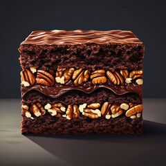 A decadent slice of chocolate cake layered with rich fudge frosting and crunchy pecans, presented against a dark background.