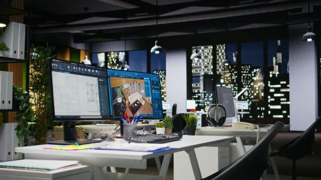 Modern architecture workspace featuring dual monitors with 3D rendering software and floor plan layouts on screen. Interior design, drafting and engineering focused on creativity and innovation.
