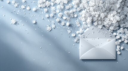 Winter Wonderland Scene with White Envelope and Snowflakes Background