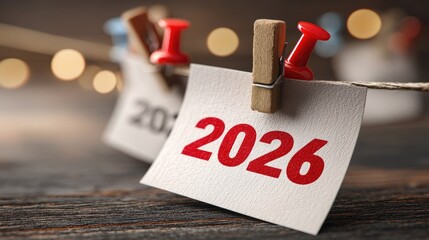 Calendar Year 2026 Reminder with Red Pins on Wooden Background