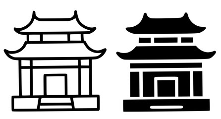 Minimalist icon, chinese monastery vector, black and white, outline and silhouette