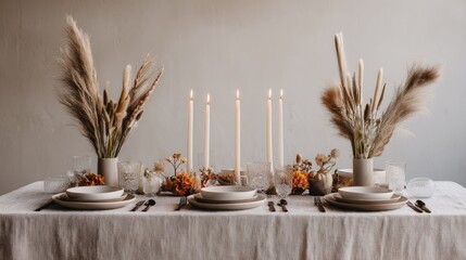 Elegant Table Setting with Candles and Dried Flowers Arrangement