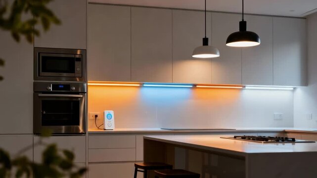 Medium shot of programmable smart lighting in a kitchen demonstrating customized lighting schedules enhancing energy savings and mood setting.
