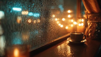 Rainy window cozy candlelight and warm bokeh with steaming coffee cup at night soft light reflections create calm hygge ambience and moody interior