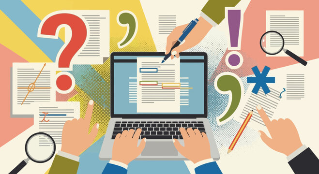 Creative editorial process illustration with laptop, hands, documents, and punctuation marks