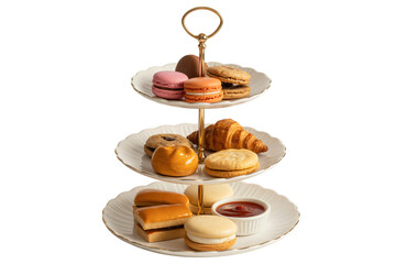 three tier dessert stand filled with assorted pastries and cookies