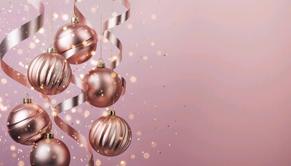 Elegant pink Christmas poster featuring floating rose-gold ornaments in luxury festive style