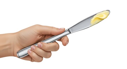Hand holding butter knife with butter on it, isolated on white background
