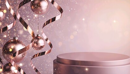 Elegant pink Christmas poster featuring floating rose-gold ornaments in luxury festive style