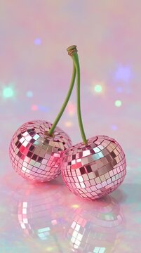 Two pink cherries designed as pink disco balls, highly reflective mirrored surfaces placed on a soft pink gradient background, pop art style. Lifestyle concept, festive and romantic vibes. 