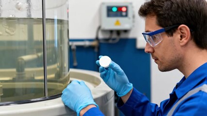 Medium shot of a technician adding chlorine tablets to a water treatment tank focusing on the solid disinfection method for safe drinking water.