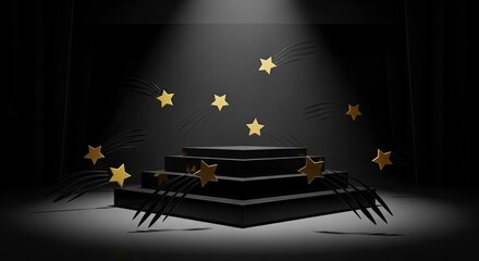 Dramatic black starshaped podium under a bright spotlight with floating golden stars on a dark stage.